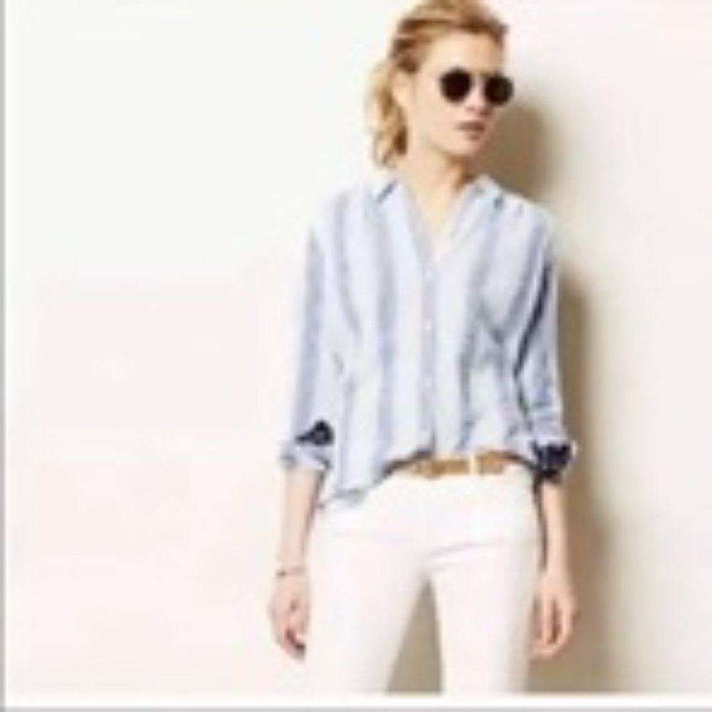 ANTHROPOLOGIE Isabella Sinclair Altay Lace Inset Top Blue Stripe Chambray Sz S